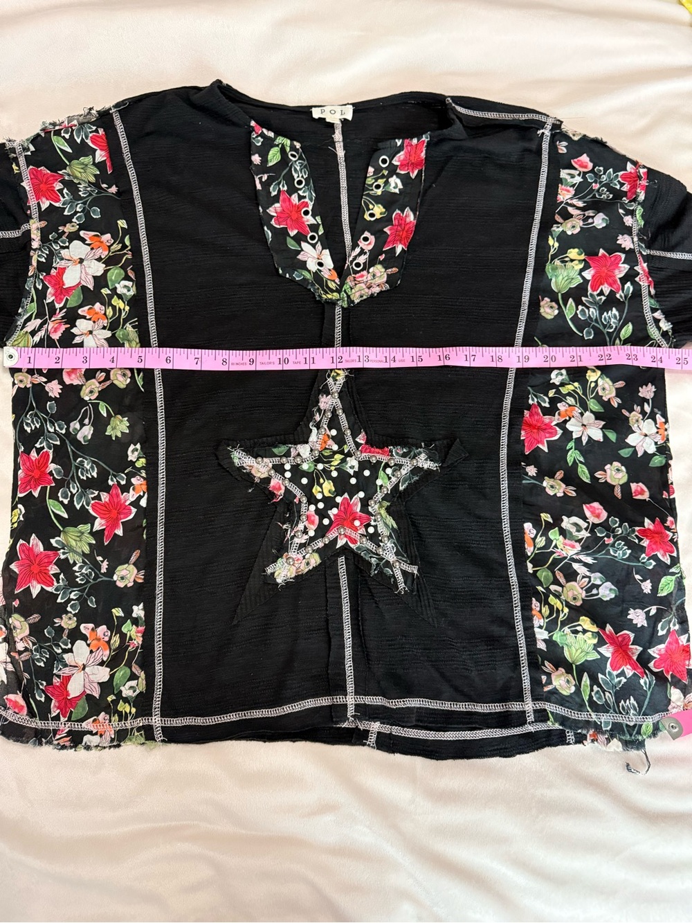 POL Patchwork Bohemian Boho Black Floral Star Pullover Top Size Small - Picture 10 of 11